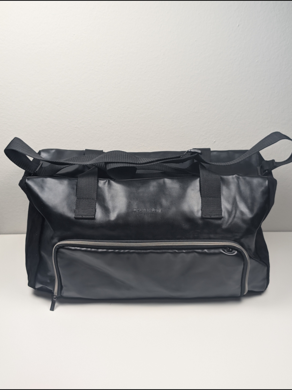 Calvin Klein Fragrances Black Faux Leather Duffle Weekender Gym Travel Bag